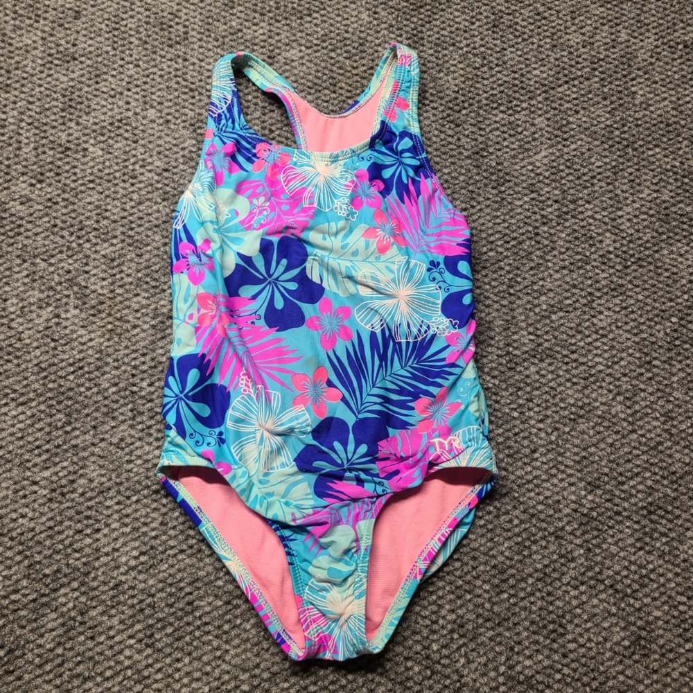 TYR Girls Blue Pink Tropical Floral One Piece Racerback Swimsuit Size M 7/8